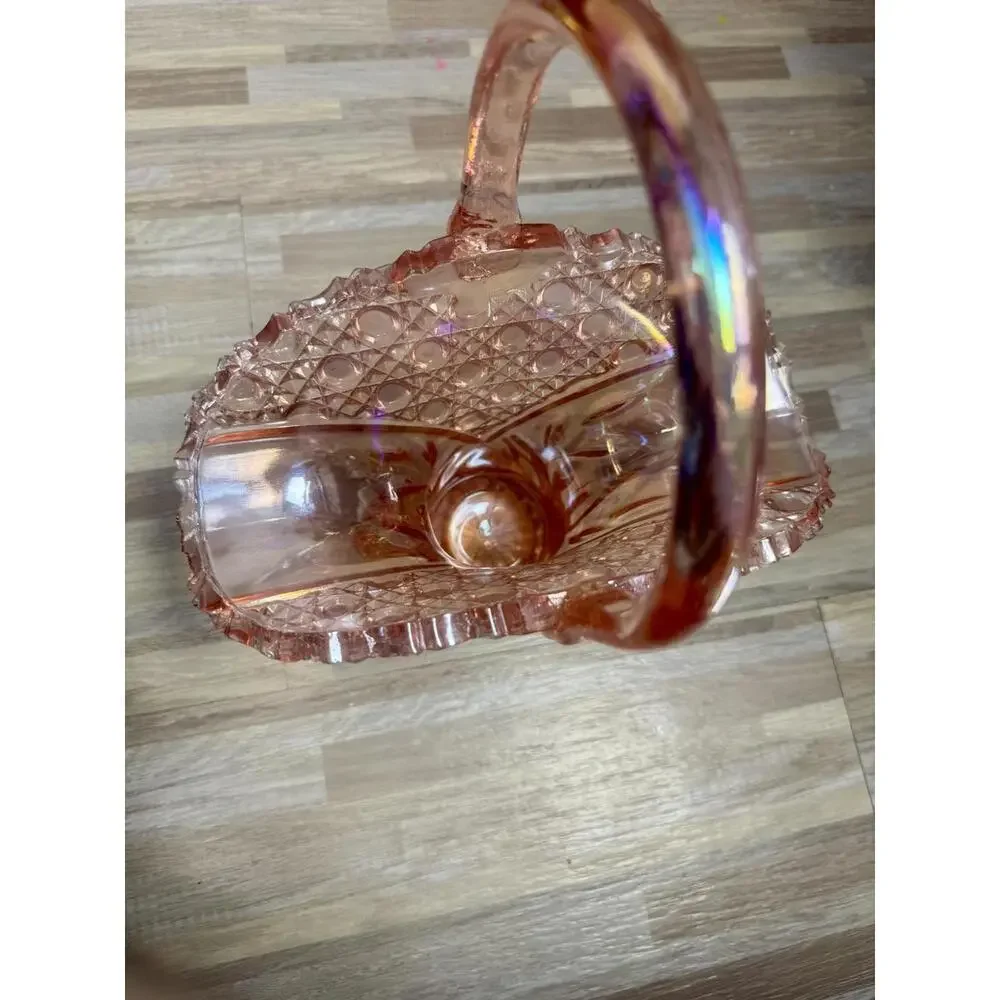 Vintage Pink Carnival Glass Basket Iridescent Hobnail Art Mid Century Decorative